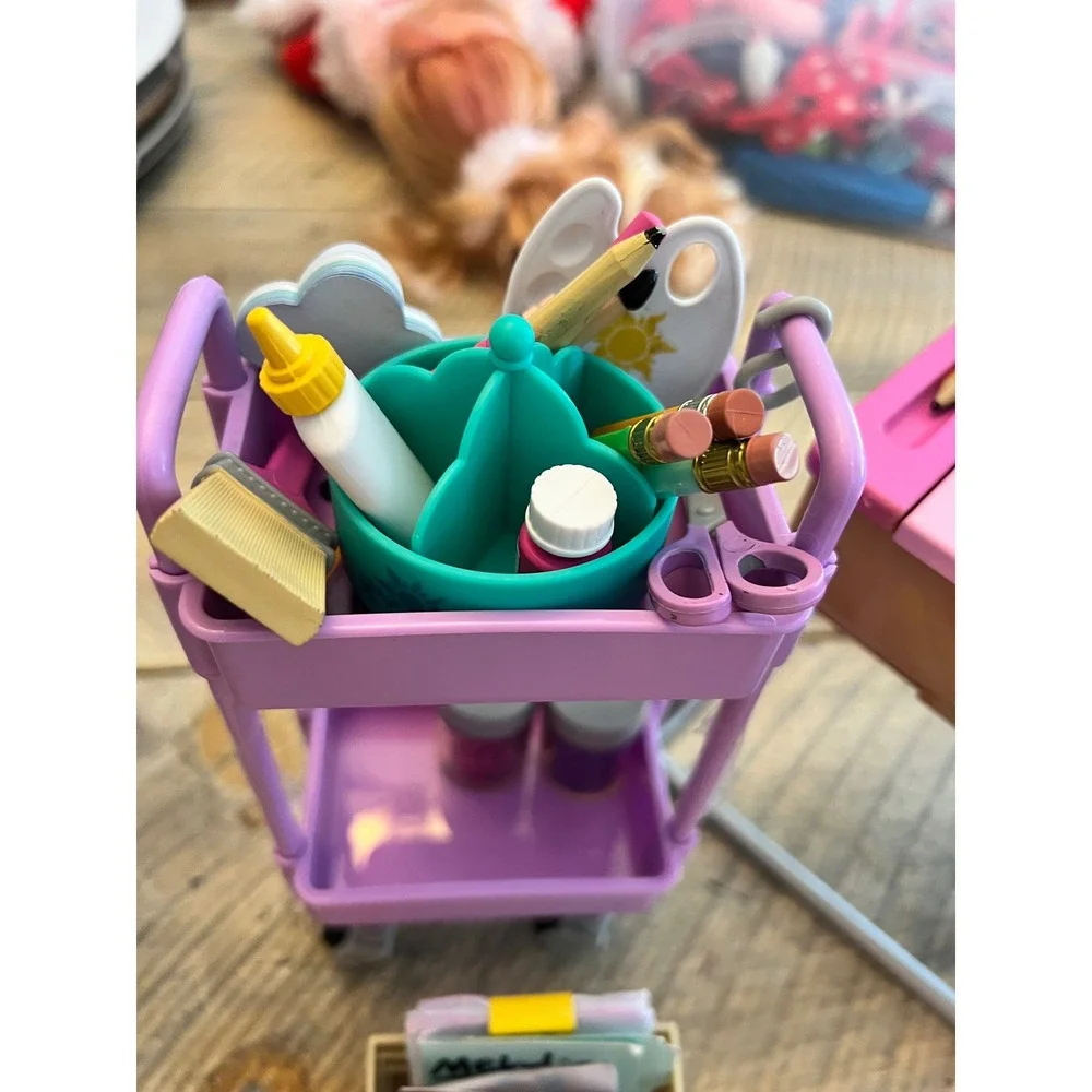 Our Generation Doll School Classroom Desks Chairs Rolling Art Cart & Supplies